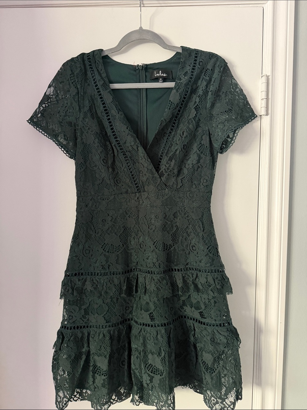 Lulu's Forest Green Lace V-Neck Tiered Mini Dress
